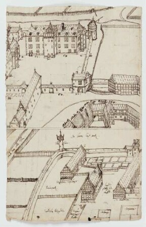 Melsungen, Landgrafenschloss (recto, oben), Riedeselsche Vogtei (recto, unten), Bebauung zwischen Marstall und Riedeselscher Vogtei (verso)