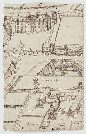 Melsungen, Landgrafenschloss (recto, oben), Riedeselsche Vogtei (recto, unten), Bebauung zwischen Marstall und Riedeselscher Vogtei (verso)
