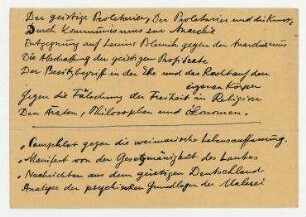 Briefkarte mit Club-Dada Briefkopf mit einer Aufstellung von Manuskripten und einer Bleistiftzeichnung