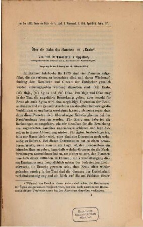 Über die Bahn des Planeten 62 "Erato" : vorgelegt in der Sitzung am 16. Februar 1871