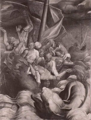 Prophet Jona wird im Sturm von den Schiffern ins Meer geworfen. Der Walfisch erwartet die Beute
