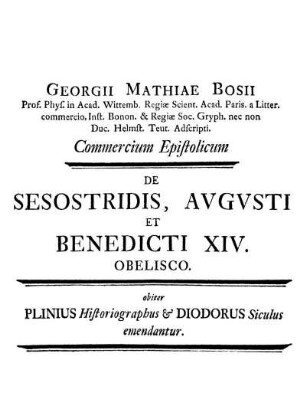 Commercium epistolicum de Sesostridis, Augusti et Benedicti XIV. Obelisco