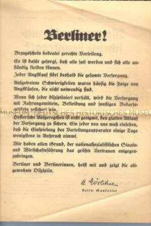 Informationsblatt zur Ausgabe von Bezugsscheinen für Lebensmittel und Textilien in Berlin