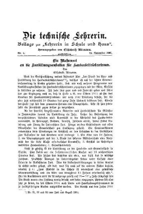 Ein Mahnwort an die Ausbildungsanstalten für Handarbeitslehrerinnen