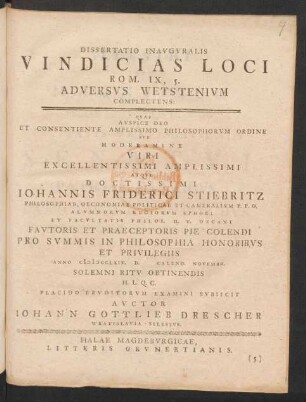 Dissertatio Inauguralis Vindicias Loci Rom. IX, 5. Adversus Wetstenium Complectens