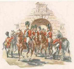 Grenadiere zu Pferd 1775, Uniform-Darstellung von Offizieren, Soldaten mit Gewehr, Spielmann mit Trompete, alle mit Mütze zu Pferd, durch Tor mit württ. Wappen reitend