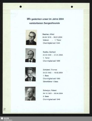 Wir gedenken unser im Jahre 2004 verstorbenen Sangesfreunde