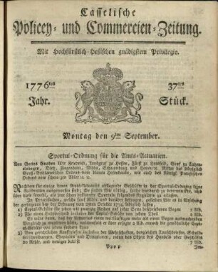 37tes Stueck, Montag den 9ten September 1776