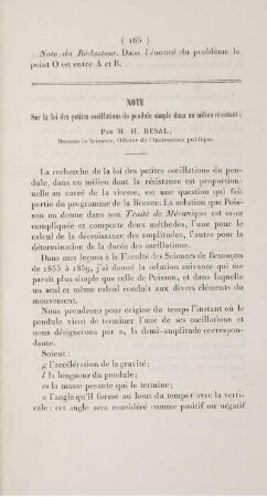 Note sur la loi des petites oscillations du pendule simple dans un milieu résistant.