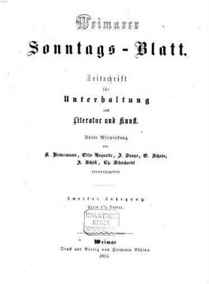 Weimarer Sonntagsblatt : Zeitschrift für Unterhaltung aus Literatur und Kunst. 2. 1856