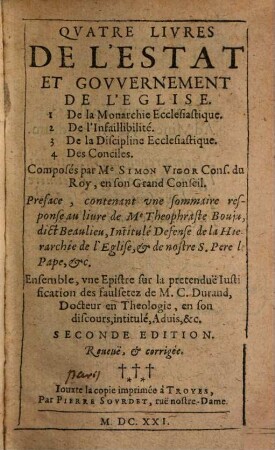 Quatre livres de l'État et Gouvernement de l'Église