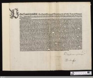 Von Gottes genaden Wir Christoff Hertzog zu Würtemberg ... Embieten allen ... vnsern gruß ... : Geben zu Stutgarten ... den eilfften tag des Monats Junij ... Tausent, fünff hundert, fünfftzig vnd vier Jar