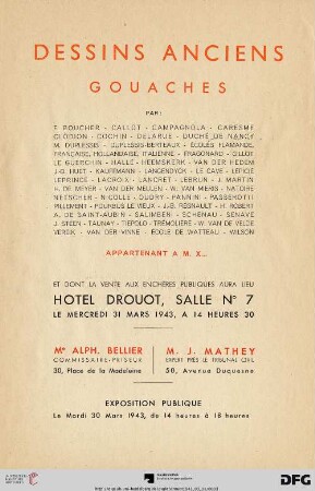 Dessins anciens, gouaches : par: F. Boucher, Callot, Campagnola ... appartenant a M. X... ; Hotel Drouot, 31 mars 1943