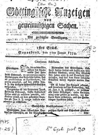 1stes Stück. Sonnabend, den 7ten Januar 1775.