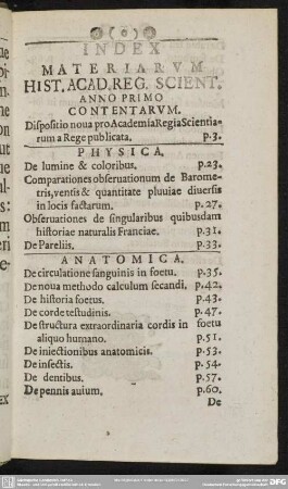 Index Materiarum Hist. Acad. Reg. Scient. Anno Primo Contentarum