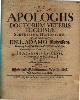 De apologiis doctorum veteris ecclesiae schediasma historicum