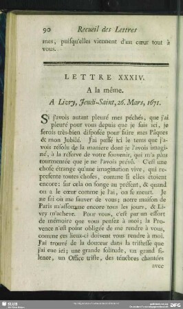 Lettre XXXIV. A la même. A Livry, Jeudi-Saint, 26. Mars, 1671