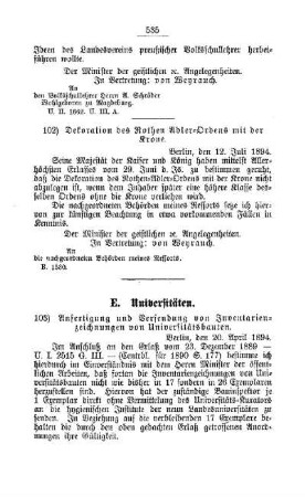 Anfertigung und Versendung von Inventarienzeichnungen von Universitätsbauten : [E. Universitäten]