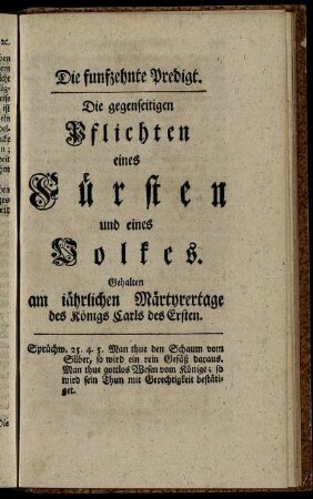 Die funfzehnte Predigt. Die gegenseitigen Pflichten eines Fürsten und eines Volkes.