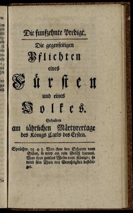 Die funfzehnte Predigt. Die gegenseitigen Pflichten eines Fürsten und eines Volkes.