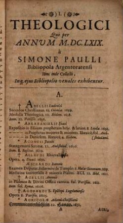 Catalogi Librorum In Bibliopolio Argentinensi Simonis Paulli Venalium Pars ..., 1. Insignes quosdam Libros Theologicos Designans