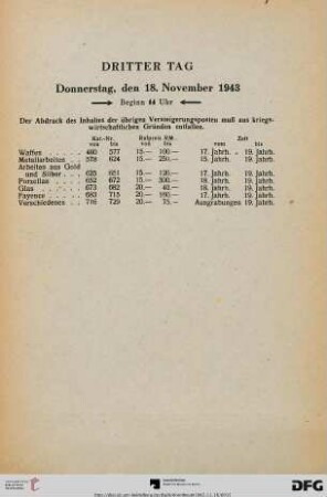 Dritter Tag. Donnerstag, den 18. November 1943. Beginn 14 Uhr (Nr. 460-729)