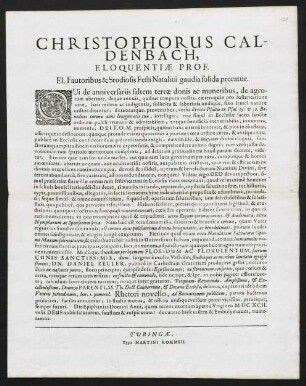 Christophorus Caldenbach, Eloquentiae Prof. El. Fautoribus & Studiosis Festi Natalitii gaudia solida precatur