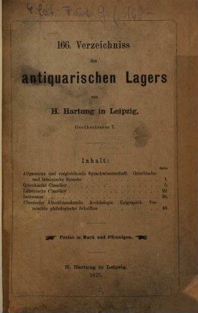 Verzeichniss des antiquarischen Lagers von H. Hartung in Leipzig. 166. 1875