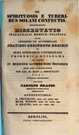 De spirituosis e tuberibus solani confectis : dissertatio inauguralis medico-politica