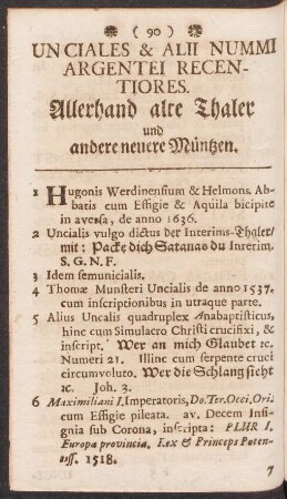 Unciales et alii nummi argentei recentiores. Allerhand alte Thaler und andere neuere Müntzen