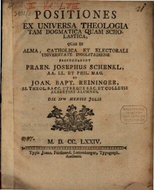 Positiones ex universa theologia tam dogmatica quam scholastica