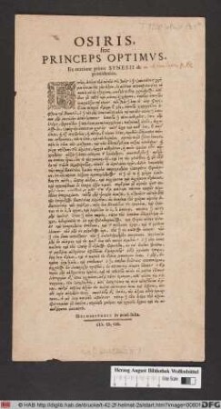 Osiris, sive Princeps Optimus : Ex oratione priore Synesii de providentia