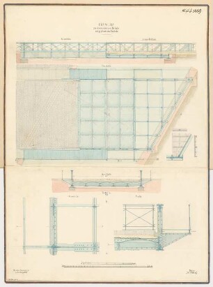 Eiserne Straßenbrücke Monatskonkurrenz August 1869: Grundriss, Aufriss (Seitenansicht), Längsschnitt, Querschnitt, Details; 2 Maßstabsleisten