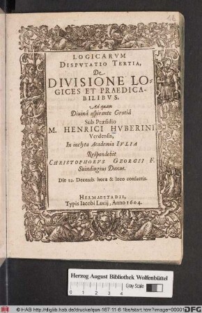 Logicarum Disputatio Tertia, De Divisione Logices Et Praedicabilibus