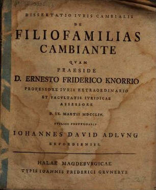 Dissertatio iuris cambialis De filiofamilias cambiante