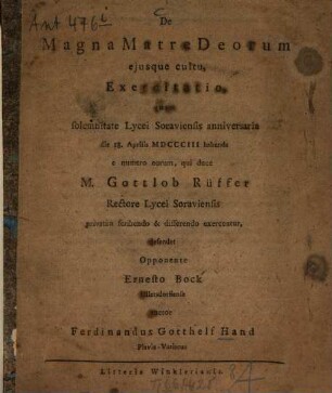 De magna matre Deorum eiusque cultu, exercitatio