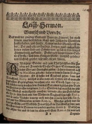 Leich-Sermon. Wuntsch und Vorrede. Text, Eingang ...