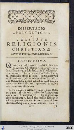 Dissertatio Apologetica I. Pro Veritate Religionis Christianae.