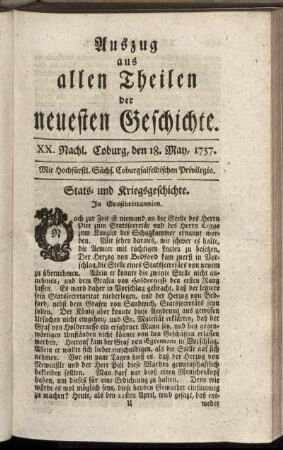 XX. Nachl. Coburg, den 18. May, 1757.