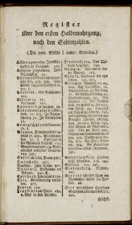 Register über den ersten Halbenjahrgang, nach den Seitenzahlen.