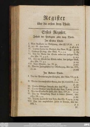 Erstes Register. Inhalt der Predigten aller drey Theile.