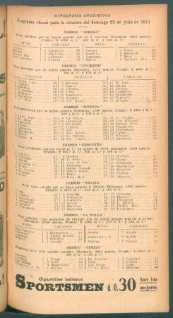 Hipódromo Argentino - Programa oficial para la reunión del domingo 23 de julio de 1911