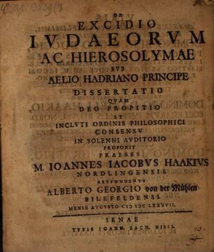 De excidio Iudaeorum ac Hierosolymae sub Aelio Hadriano principe dissertatio