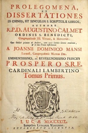 Prolegomena, Et Dissertationes In Omnes, Et Singulos S. Scripturae Libros, 1