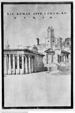Desenhos das antigualhasRom, Tempel des Antoninus Pius und der Faustina und Tempel der Minerva - Os desenhos das antigualhas que vio Francisco d'Ollanda, pintor portugués (... 1539 - 1540 ...) / (Ministerio de Asuntos Exteriores Relaciones Culturales). Publicalos, con notas de estudio y preliminares el Prof. E. Tormo. - Madrid, 1940. - 257 S., 54 Bl. : Ill. : 4. -Reproducción facsimil del codice de Francisco d'Ollanda que se custodia en la Biblioteca del Escorial