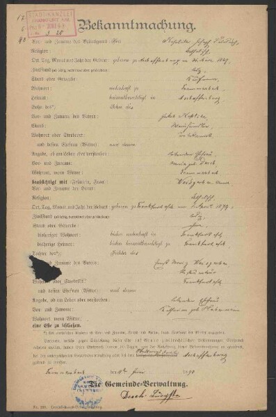 Ausstellung eines Verehelichungszeugnisses an den in Frammersbach
                     wohnenden Kaufmann Joseph Friedrich Koplitz - Verehelichung mit der
                     Restaurateuerstochter Anna, geb. Weisberger, aus Frankfurt / Main, 1898,
                     Verehelichung mit der Metzgermeisterstochter Amalie Katharina, geb.
                     Immerschitt, aus Aschaffenburg, 1902, Bürgerrechtsverleihung, 1902