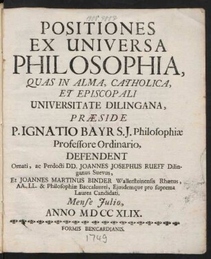 Positiones Ex Universa Philosophia : Quas In Alma, Catholica, Et Episcopali Universitate Dilingana