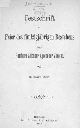 Festschrift zur Feier des fünfzigjährigen Bestehens des Hamburg-Altonaer Apotheker-Vereins : 6. März 1888