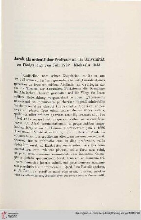Jacobi als ordentlicher Professor an der Universität in Königsberg vom Juli 1832 - Michaelis 1844