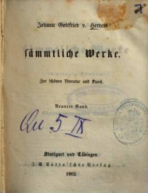 Johann Gottfried v. Herders sämmtliche Werke : in vierzig Bänden, 21. Zur schönen Literatur und Kunst ; 9